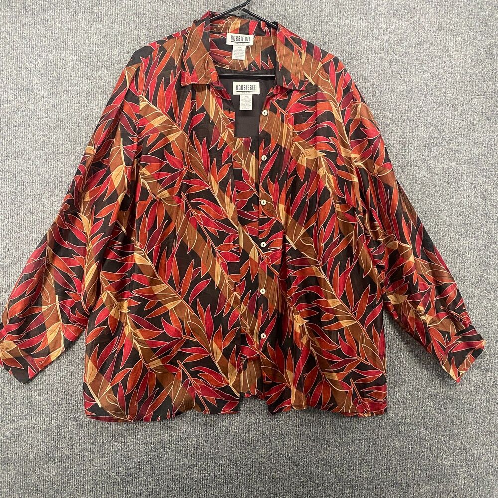 Robbie Bee Blouse Top Womens 18W Silk Leaf Print Button Up Ladies‎ Vintage Fall